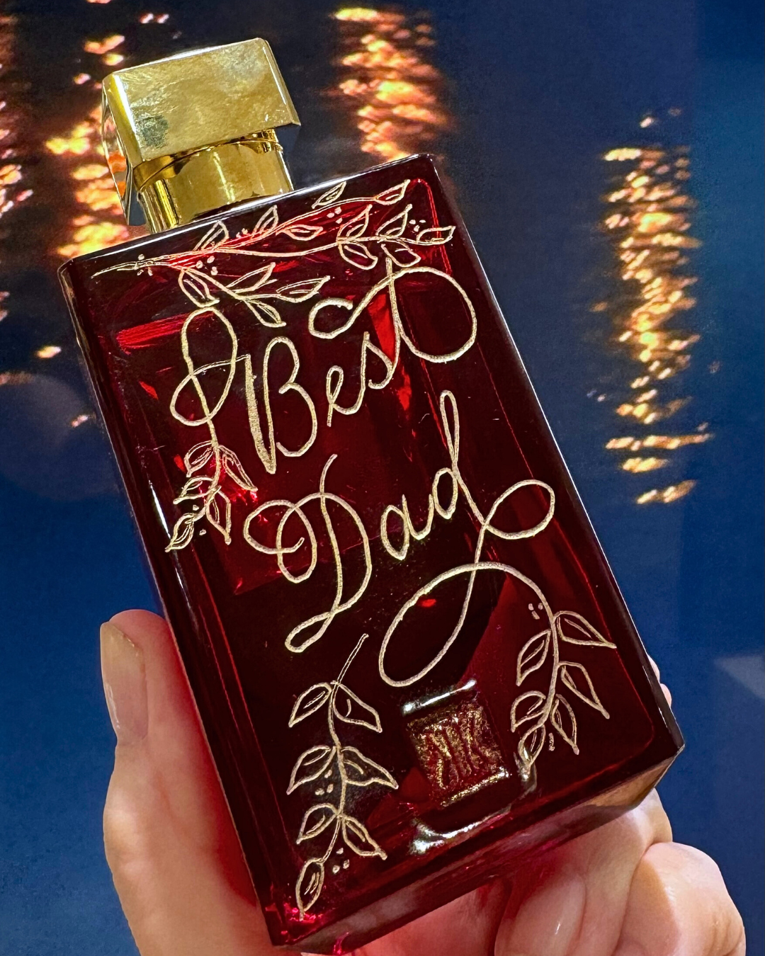 Hand engraved and gold foiled fragrance bottle